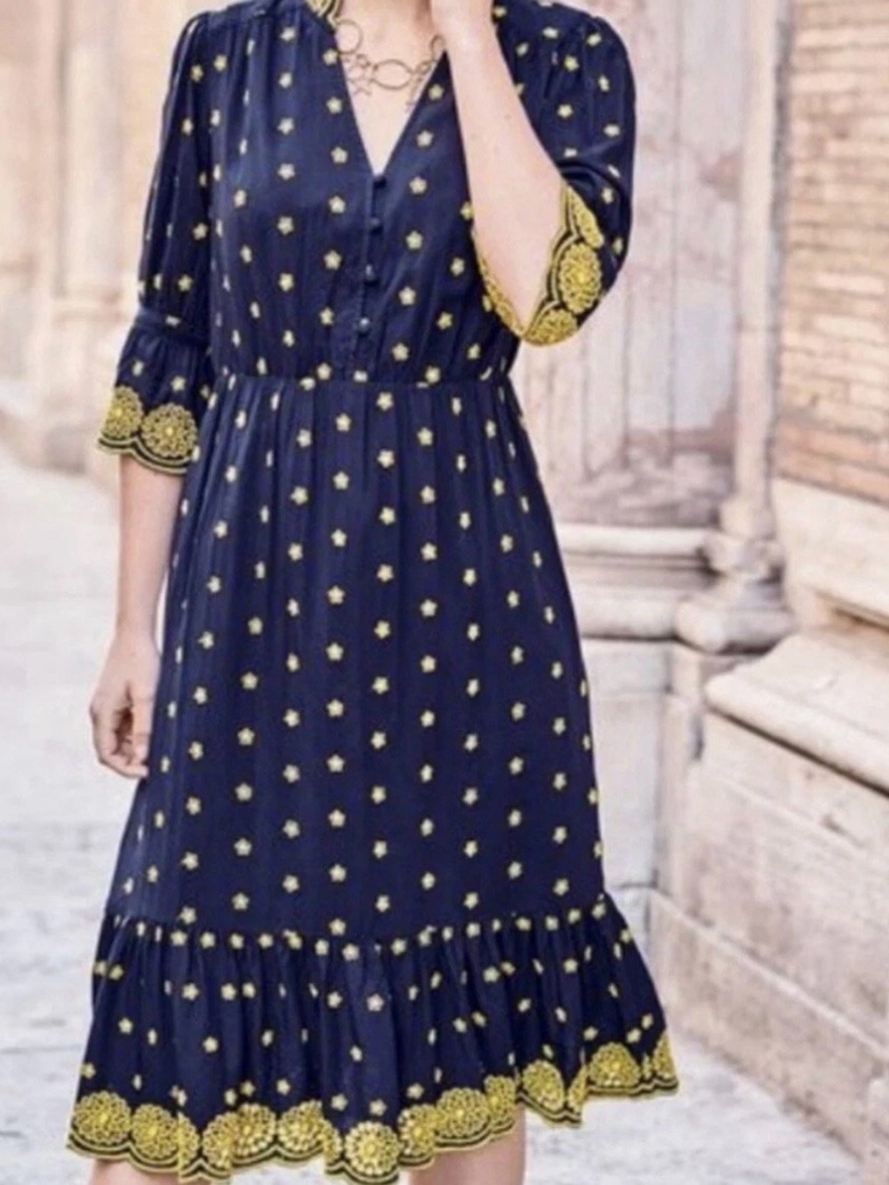 Boden Blue and Gold Floral Bronwen Broderie Dress